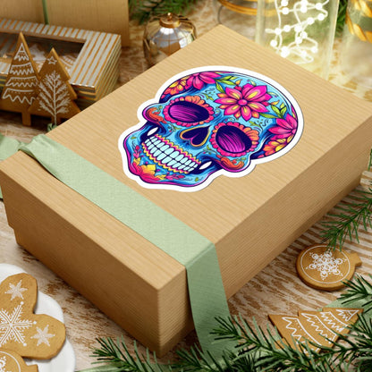 Pink Floral Sugar Skull Sticker: Waterproof Vinyl Decal, Dia de los Muertos