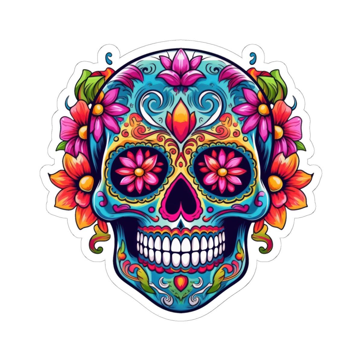Teal Sugar Skull Sticker: Floral Calavera, Waterproof Vinyl Decal