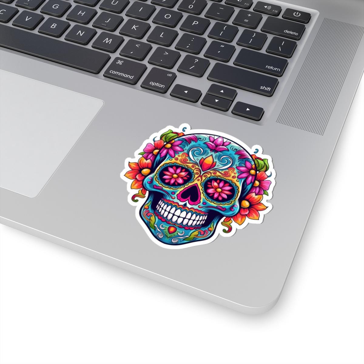 Teal Sugar Skull Sticker: Floral Calavera, Waterproof Vinyl Decal
