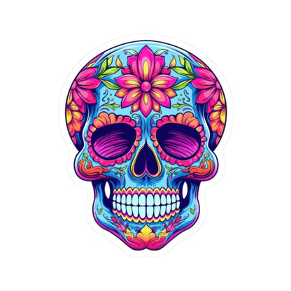Pink Floral Sugar Skull Sticker: Waterproof Vinyl Decal, Dia de los Muertos