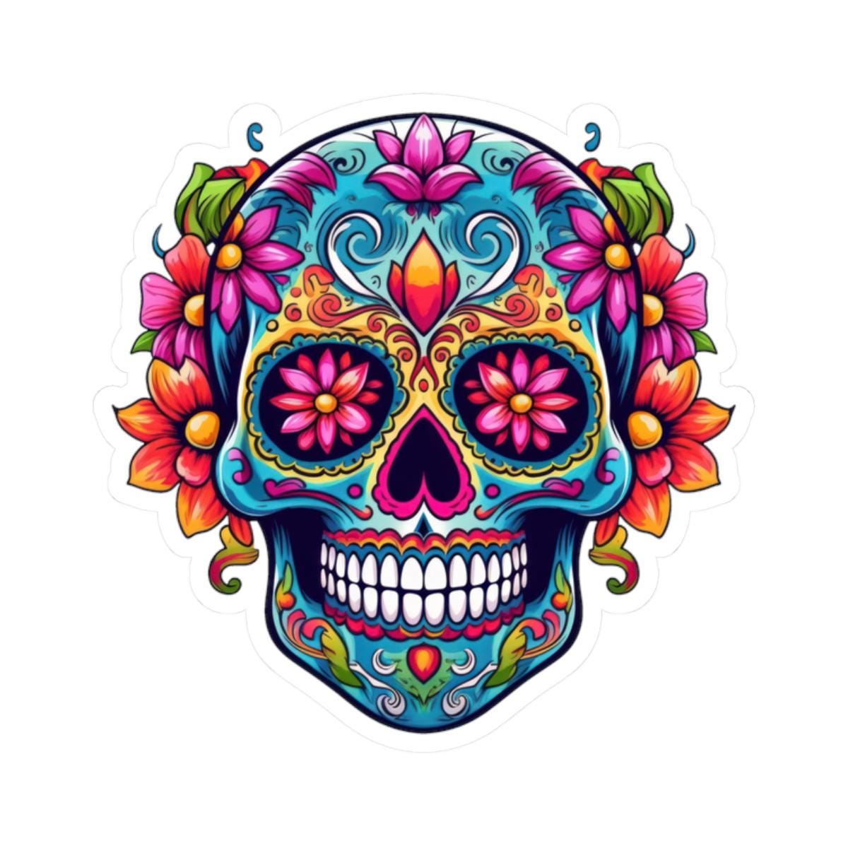 Teal Sugar Skull Sticker: Floral Calavera, Waterproof Vinyl Decal