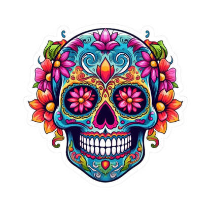 Teal Sugar Skull Sticker: Floral Calavera, Waterproof Vinyl Decal