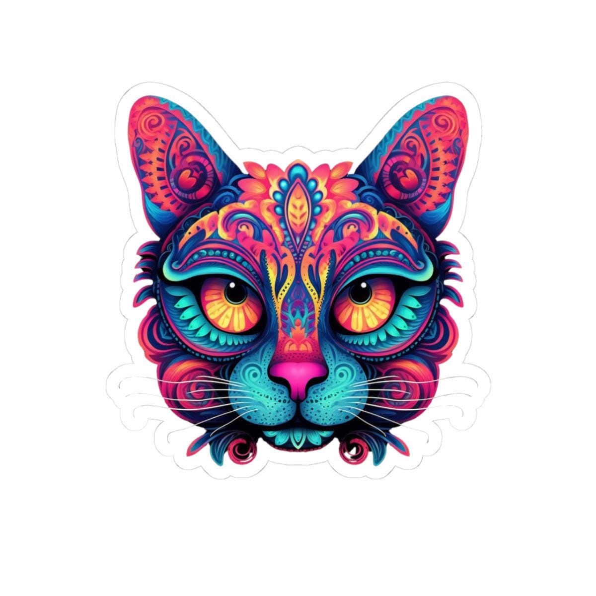 Trippy Cat Sticker: Neon Floral Psychedelic Vinyl Decal