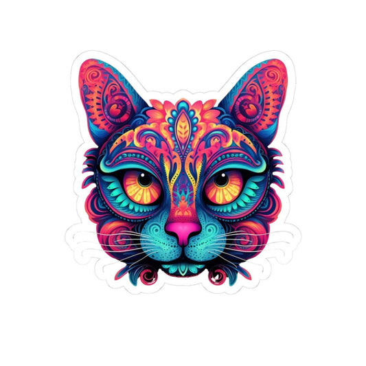 Trippy Cat Sticker: Neon Floral Psychedelic Vinyl Decal