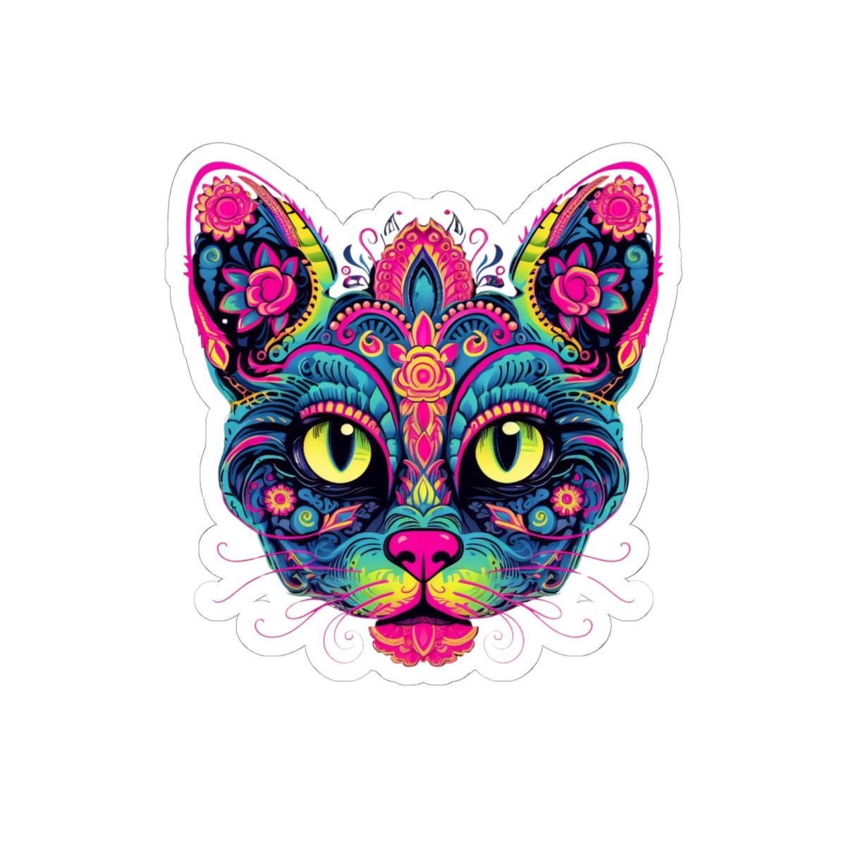 Psychedelic Cat Sticker: Floral Trippy Boho Vinyl Decal