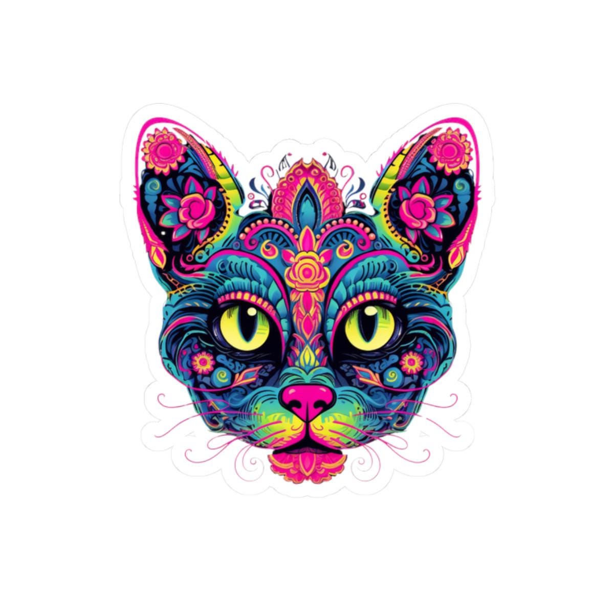 Psychedelic Cat Sticker: Floral Trippy Boho Vinyl Decal
