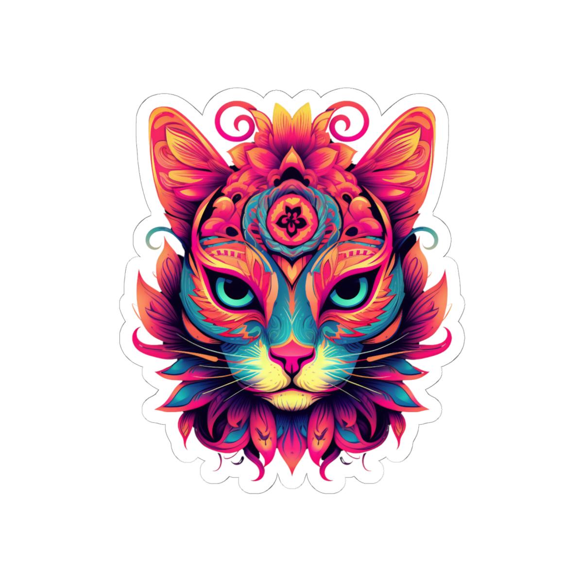 Psychedelic Cat Sticker: Vibrant Floral Trippy Vinyl Decal