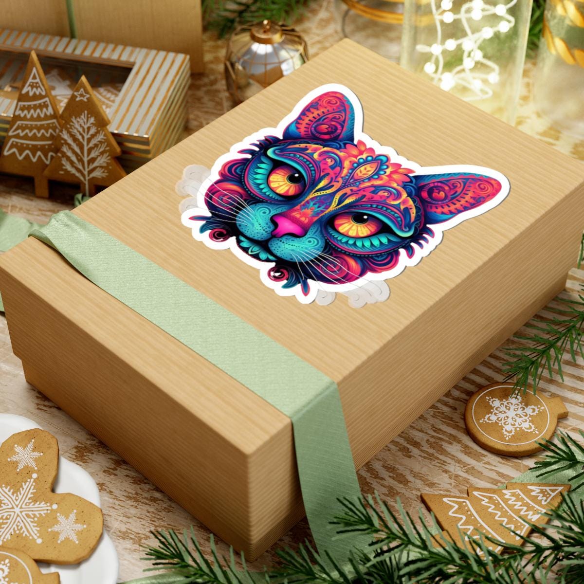 Trippy Cat Sticker: Neon Floral Psychedelic Vinyl Decal