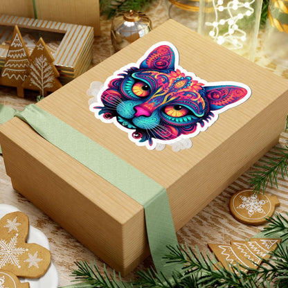 Trippy Cat Sticker: Neon Floral Psychedelic Vinyl Decal