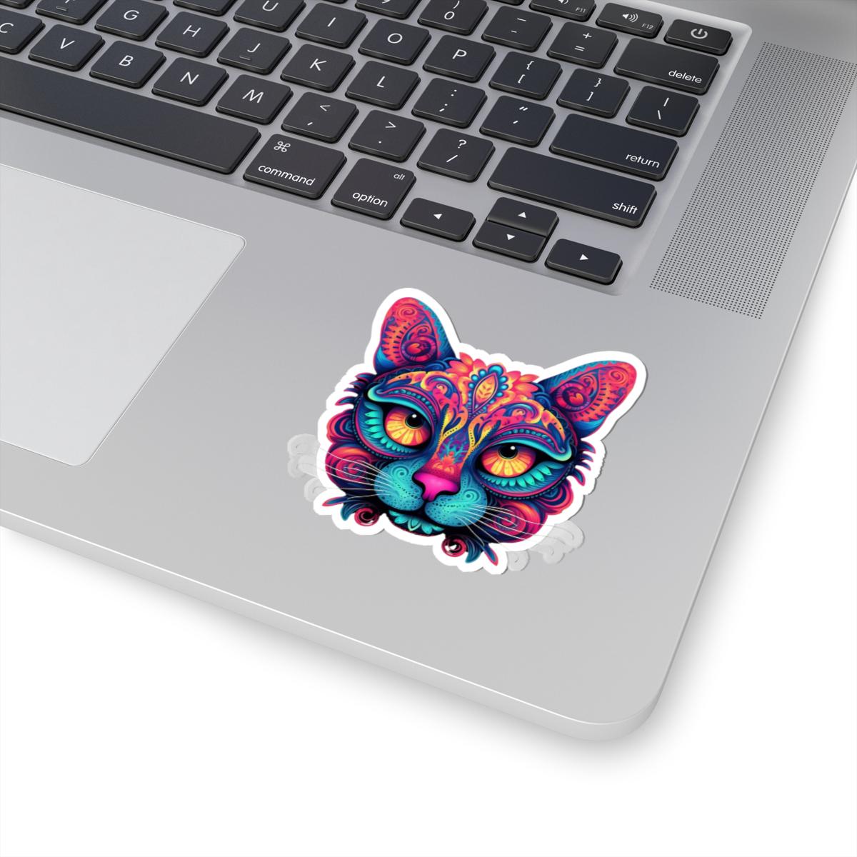 Trippy Cat Sticker: Neon Floral Psychedelic Vinyl Decal