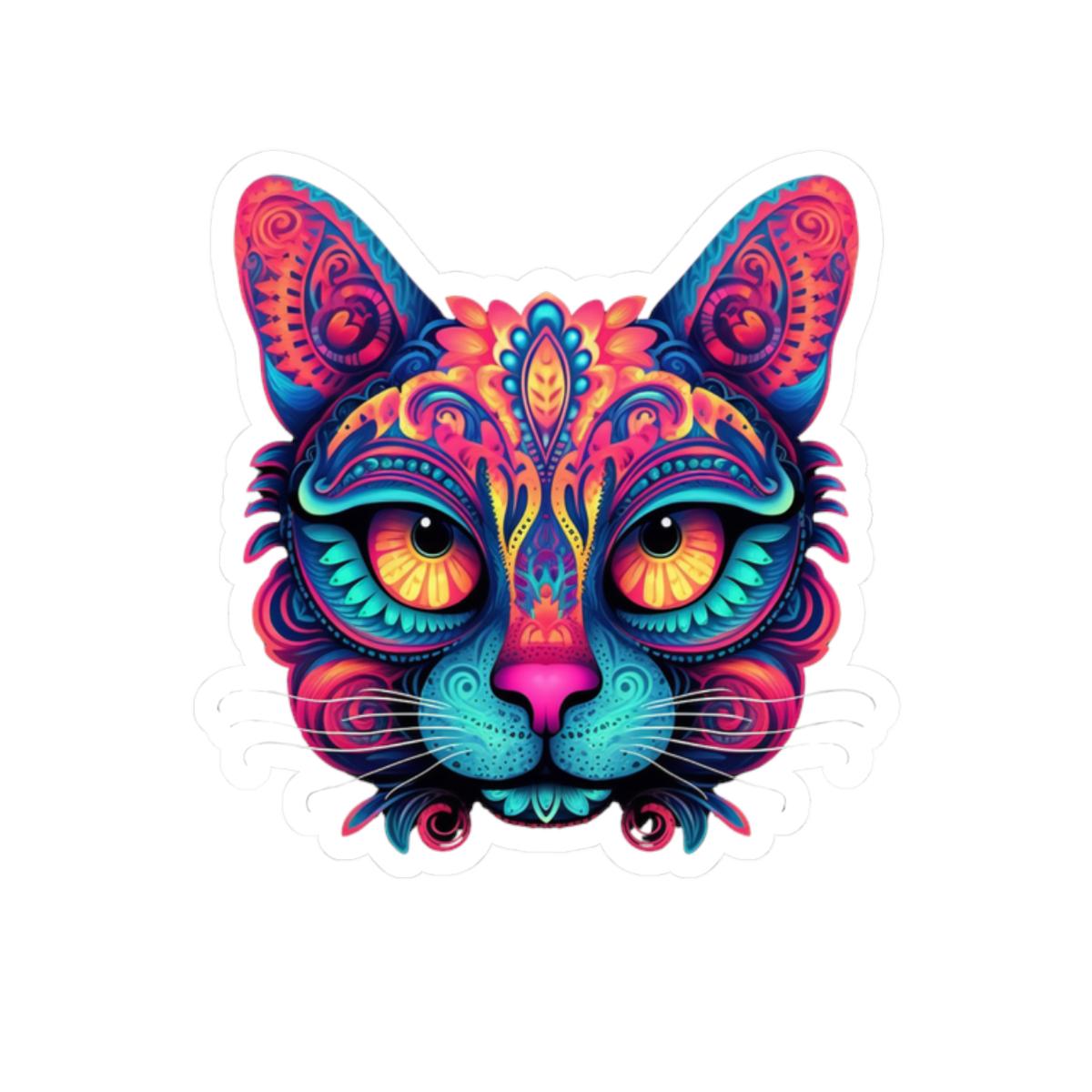 Trippy Cat Sticker: Neon Floral Psychedelic Vinyl Decal