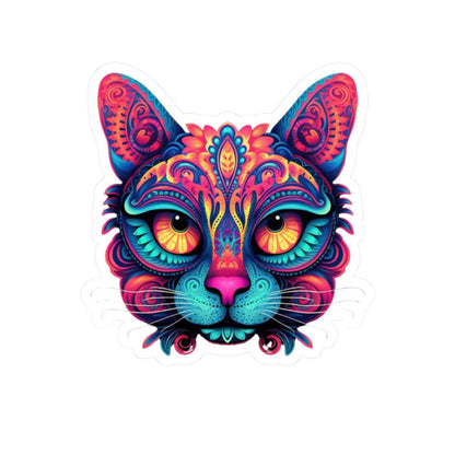 Trippy Cat Sticker: Neon Floral Psychedelic Vinyl Decal
