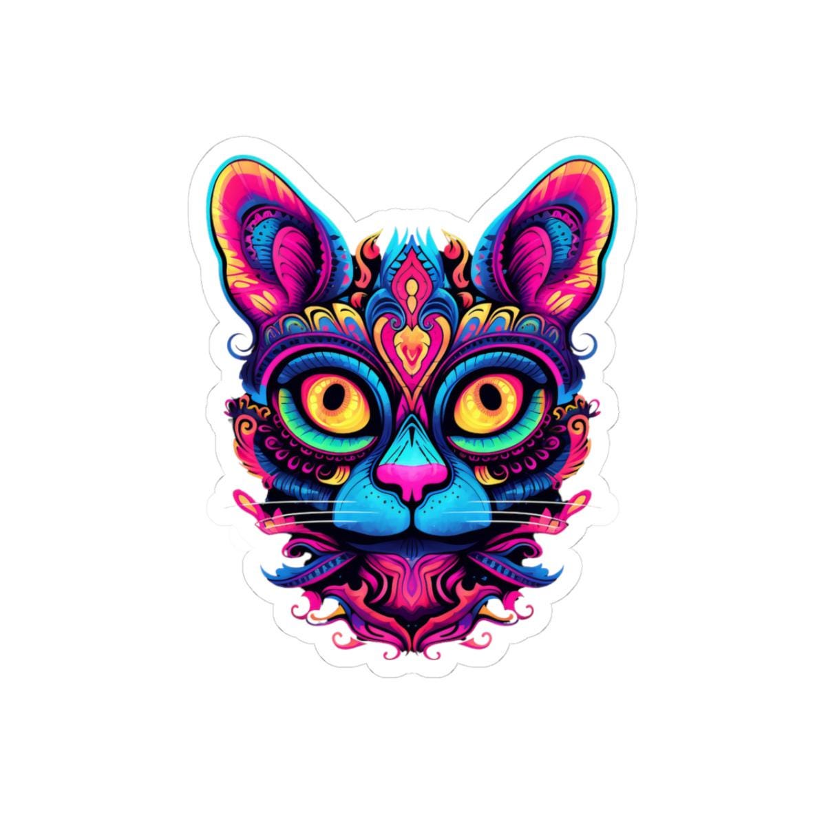 Psychedelic Cat Sticker: Neon Mandala Art, Rainbow Vinyl Decal
