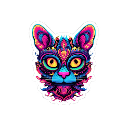 Psychedelic Cat Sticker: Neon Mandala Art, Rainbow Vinyl Decal