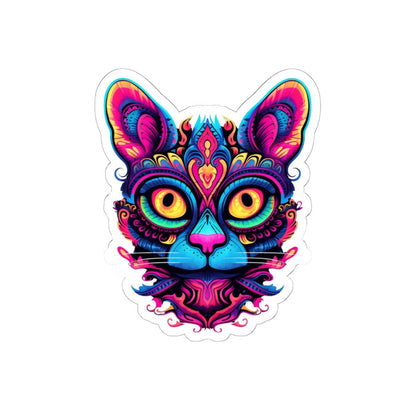 Psychedelic Cat Sticker: Neon Mandala Art, Rainbow Vinyl Decal