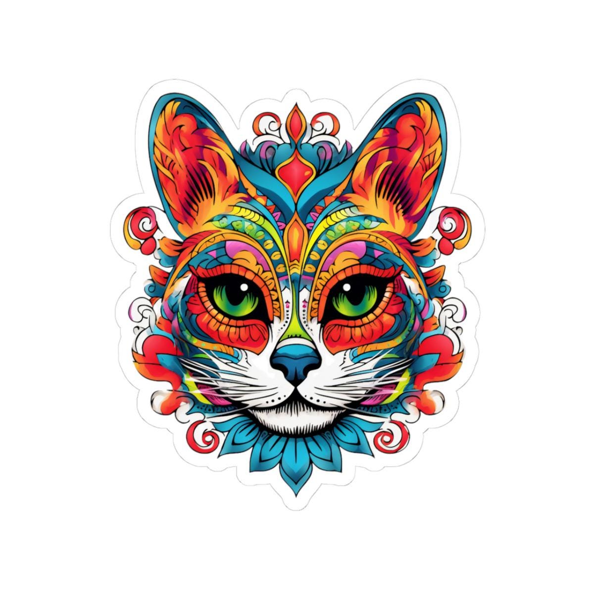 Psychedelic Cat Sticker: Mandala Floral Design, Vibrant Vinyl Decal