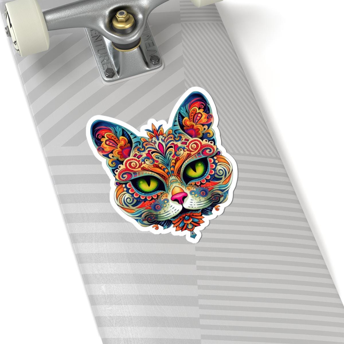 Psychedelic Mandala Cat Sticker: Vibrant Floral Trippy Vinyl Decal