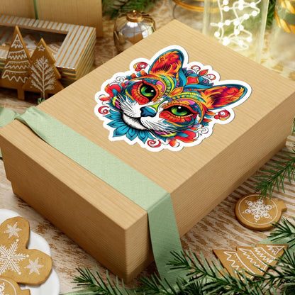 Psychedelic Cat Sticker: Mandala Floral Design, Vibrant Vinyl Decal
