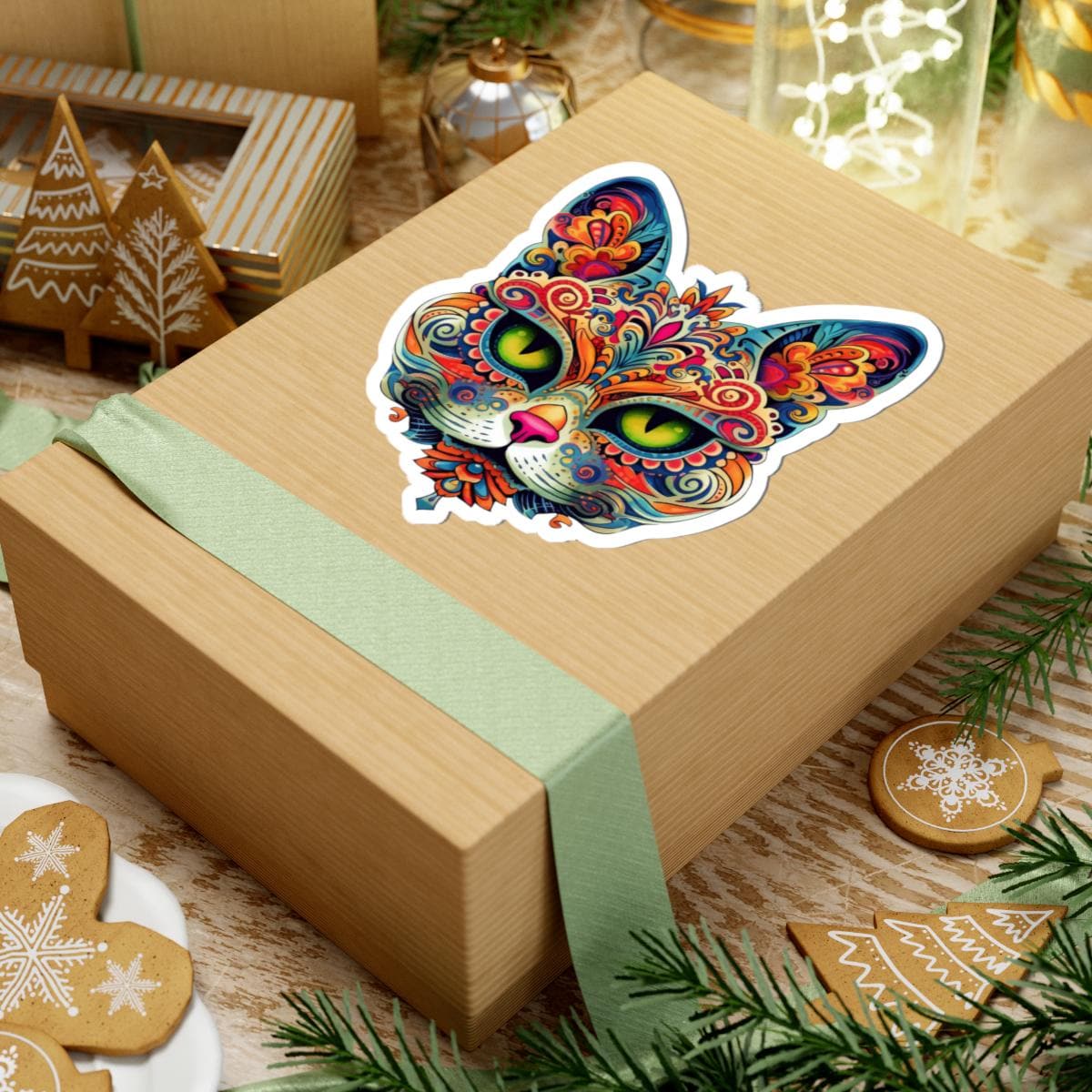 Psychedelic Mandala Cat Sticker: Vibrant Floral Trippy Vinyl Decal