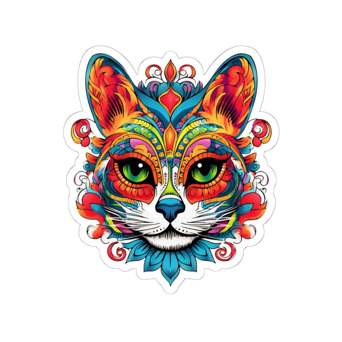Psychedelic Cat Sticker: Mandala Floral Design, Vibrant Vinyl Decal