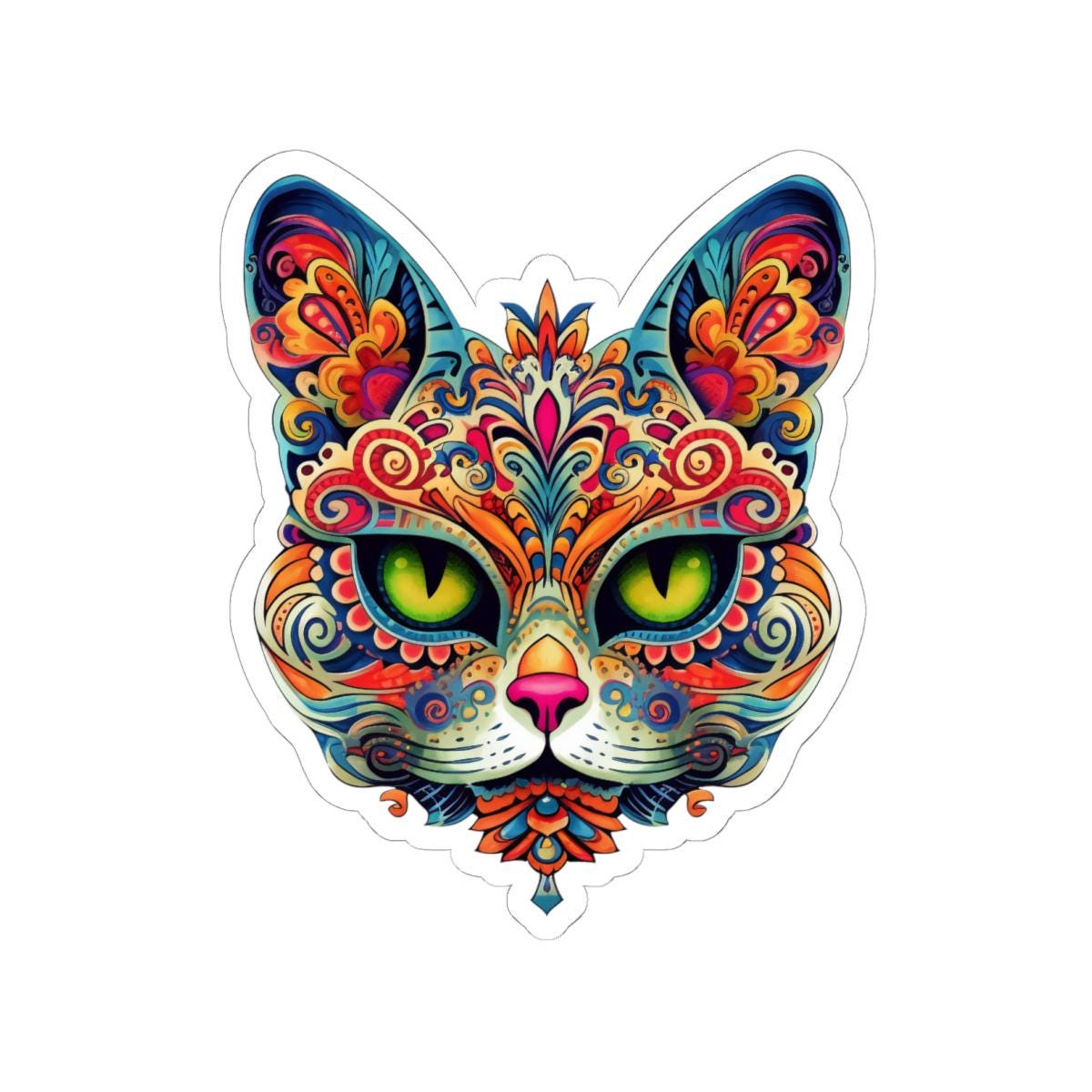 Psychedelic Mandala Cat Sticker: Vibrant Floral Trippy Vinyl Decal