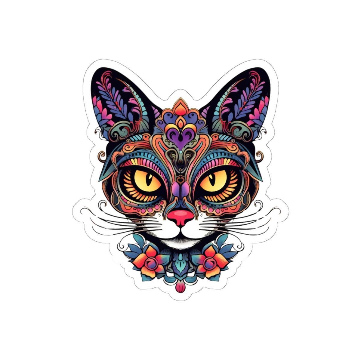 Psychedelic Floral Cat Sticker: Trippy Mandala Vinyl Decal