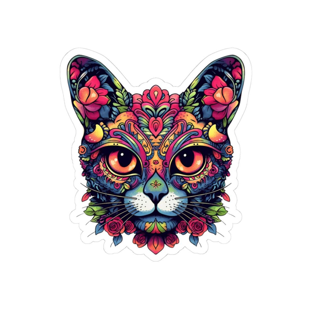 Psychedelic Floral Cat Sticker: Boho Trippy Vinyl Decal