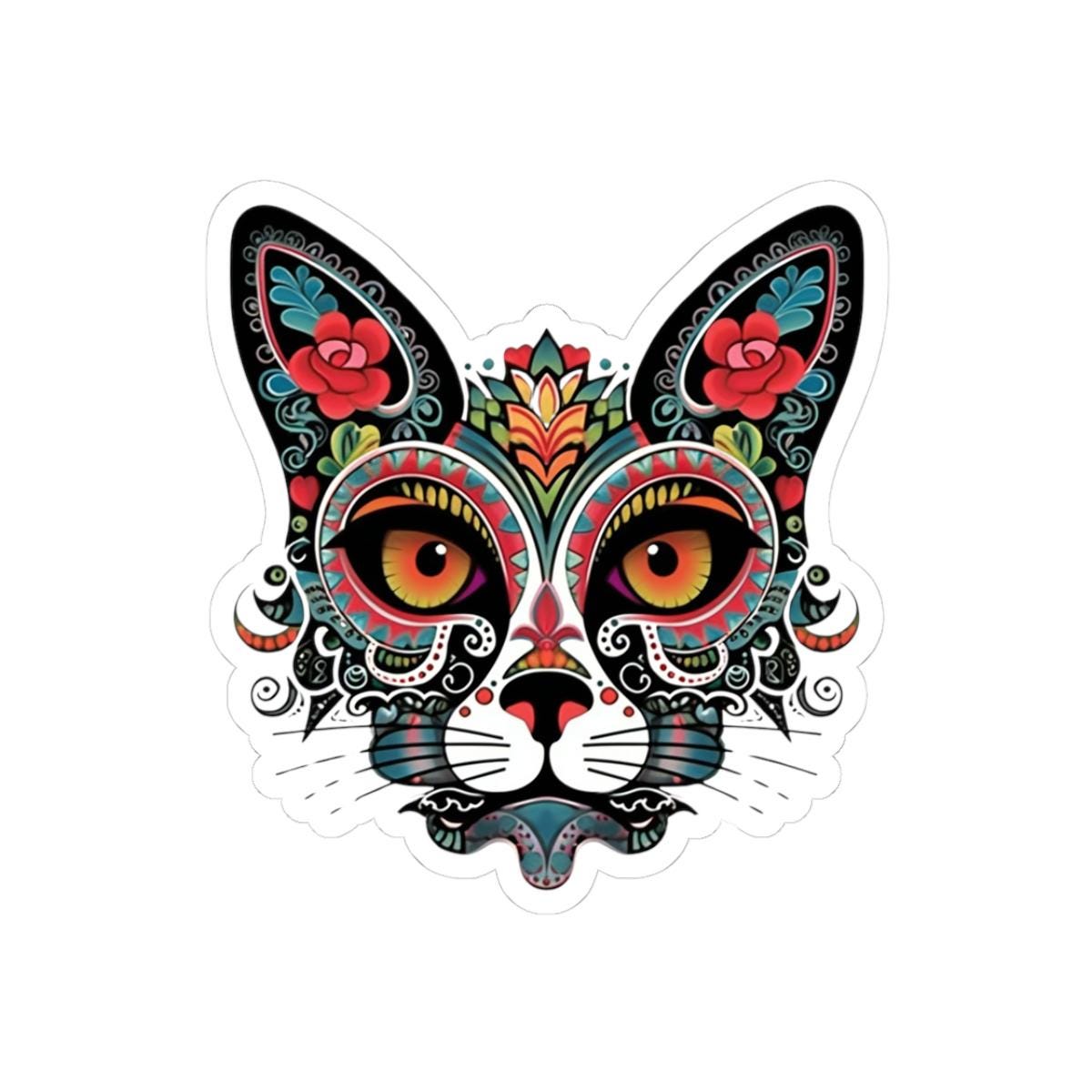 ColorFlow | Sugar Skull Cat Sticker with Floral Rose Ears and Mandala Accents | Day of the Dead Calavera Kitty Vinyl Decal