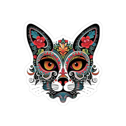 ColorFlow | Sugar Skull Cat Sticker with Floral Rose Ears and Mandala Accents | Day of the Dead Calavera Kitty Vinyl Decal