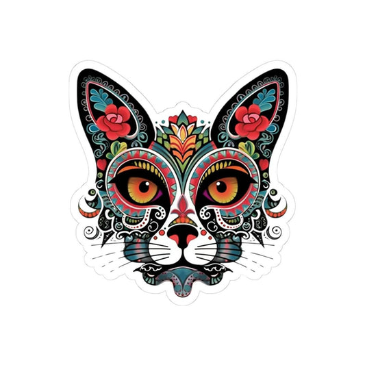 ColorFlow | Sugar Skull Cat Sticker with Floral Rose Ears and Mandala Accents | Day of the Dead Calavera Kitty Vinyl Decal