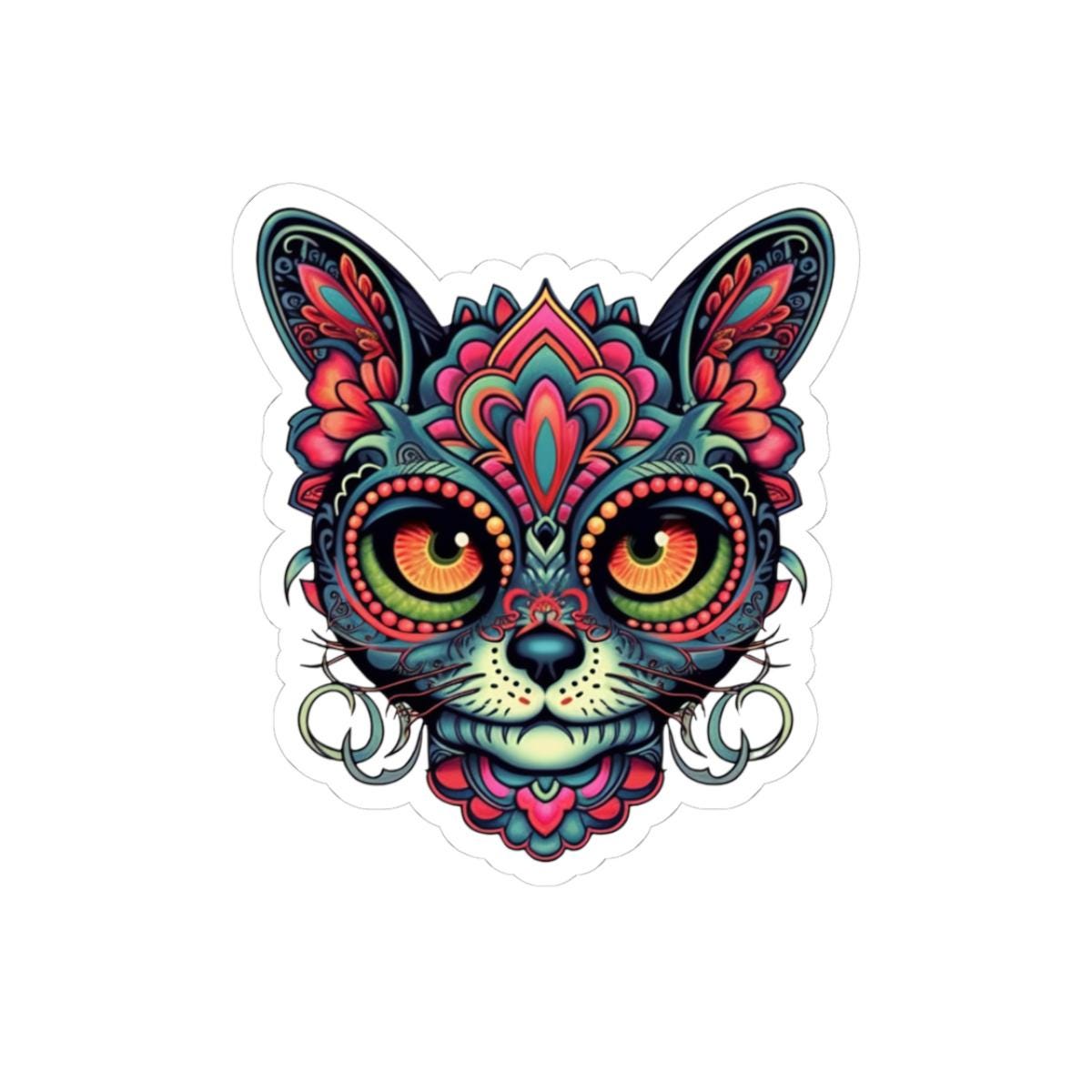 Psychedelic Cat Sticker: Mandala Floral Design, Boho Feline Art