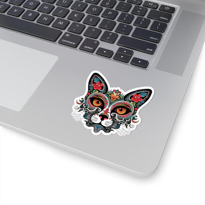 ColorFlow | Sugar Skull Cat Sticker with Floral Rose Ears and Mandala Accents | Day of the Dead Calavera Kitty Vinyl Decal
