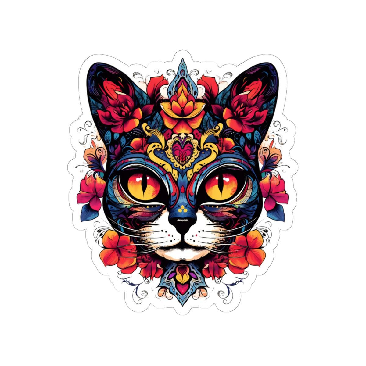 Floral Sugar Skull Cat Sticker: Día de los Muertos Calavera Vinyl Decal