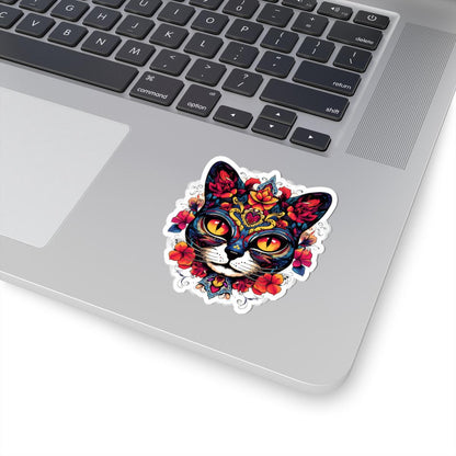 Floral Sugar Skull Cat Sticker: Día de los Muertos Calavera Vinyl Decal
