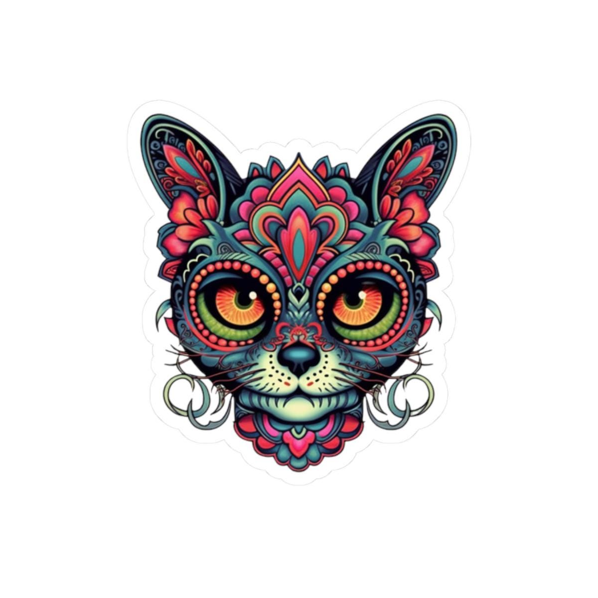 Psychedelic Cat Sticker: Mandala Floral Design, Boho Feline Art