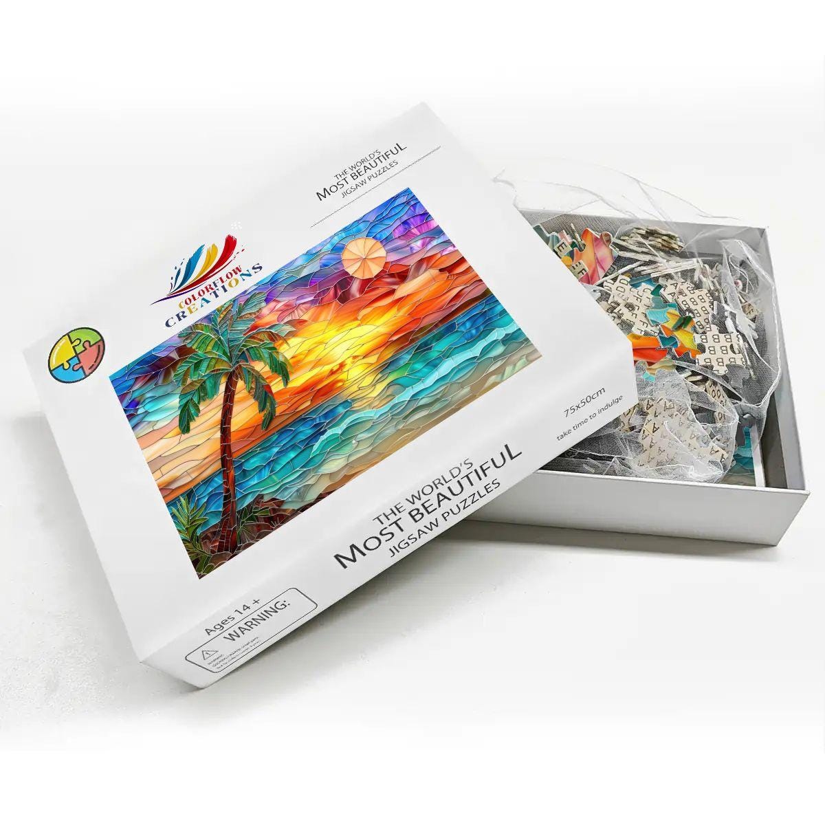 ColorFlow |  Sunset Puzzle Tropical Beach Scene Stained Glass Art Wooden Jigsaw Puzzle for Adults Glossy Premium Gift