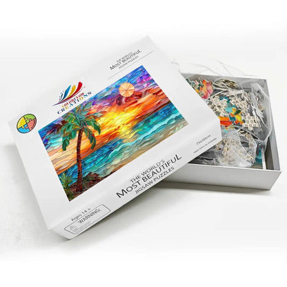 ColorFlow |  Sunset Puzzle Tropical Beach Scene Stained Glass Art Wooden Jigsaw Puzzle for Adults Glossy Premium Gift