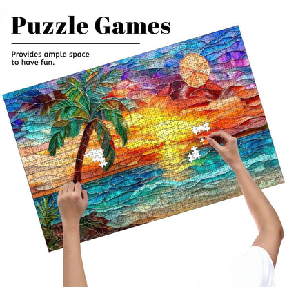 ColorFlow |  Sunset Puzzle Tropical Beach Scene Stained Glass Art Wooden Jigsaw Puzzle for Adults Glossy Premium Gift