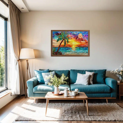 ColorFlow |  Sunset Puzzle Tropical Beach Scene Stained Glass Art Wooden Jigsaw Puzzle for Adults Glossy Premium Gift