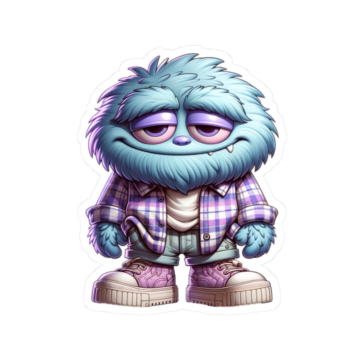 Chill Blue Monster Sticker: Plaid Shirt, Waterproof Vinyl Decal