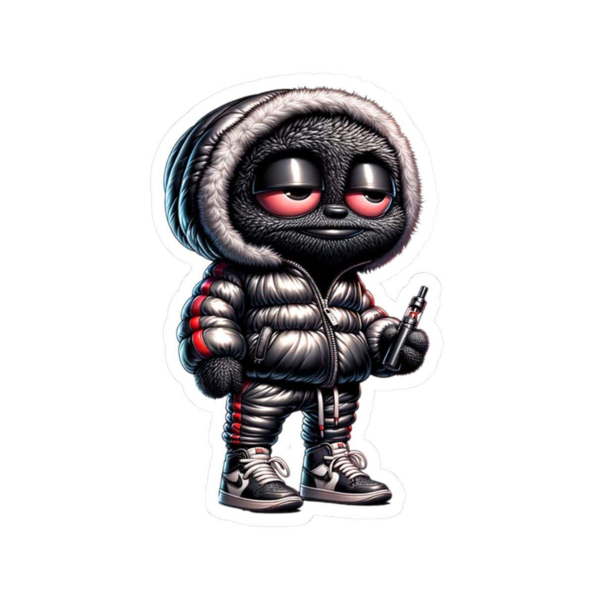 Streetwear Monster Sticker: Black Furry Puffer Jacket - Waterproof Vinyl Decal