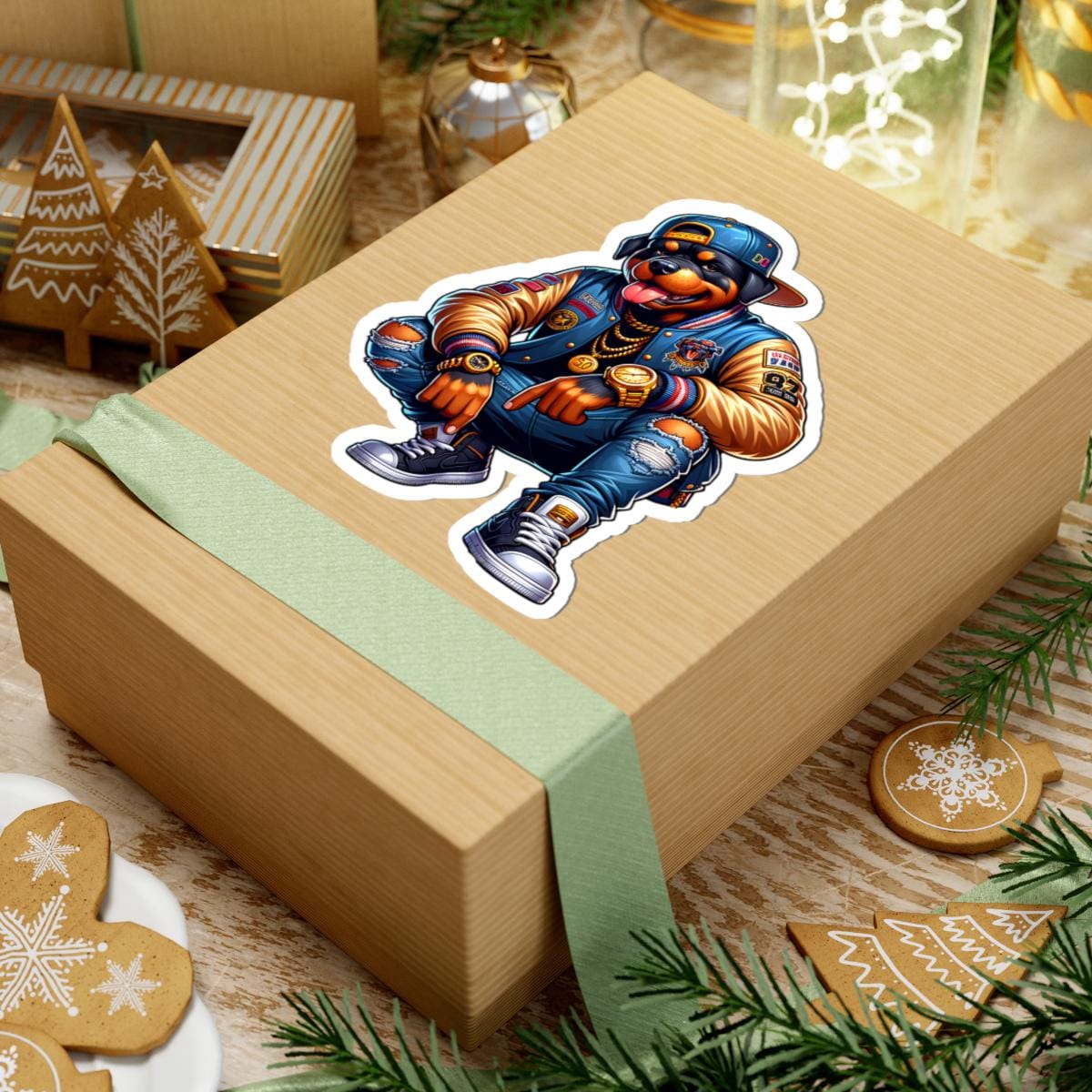 Rottweiler Streetwear Sticker: Hip Hop Dog Art, Gold Chains & Varsity Jacket