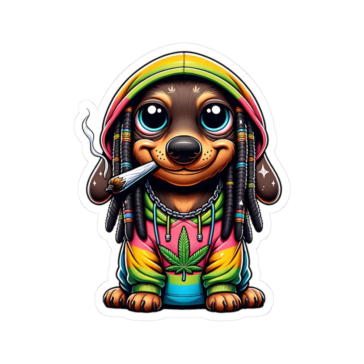ColorFlow Rasta Dachshund Hoodie Glossy Vinyl Sticker | Kiss Cut or Die Cut | Waterproof Weed Dog Cannabis Reggae Decal for Laptops Cars