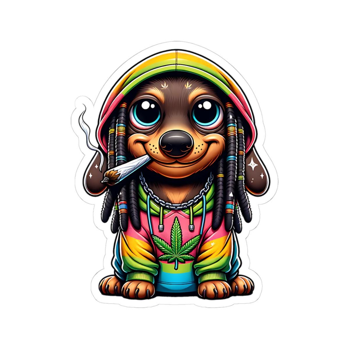 ColorFlow Rasta Dachshund Hoodie Glossy Vinyl Sticker | Kiss Cut or Die Cut | Waterproof Weed Dog Cannabis Reggae Decal for Laptops Cars