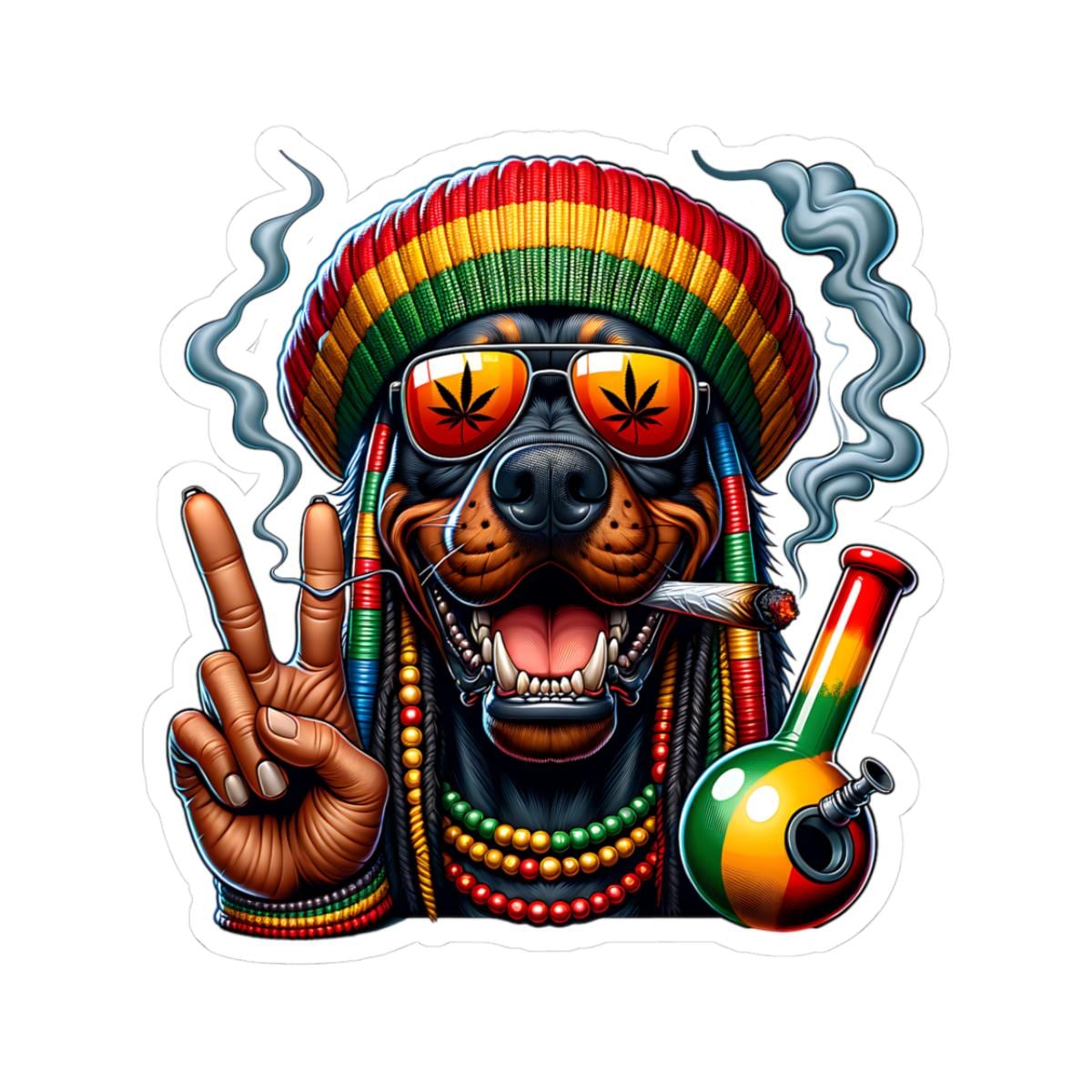 ColorFlow | Rasta Rottweiler Peace Bong Glossy Vinyl Sticker | Kiss Cut or Die Cut | Waterproof Weed Dog Cannabis Reggae