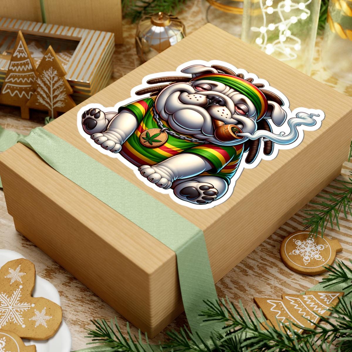 ColorFlow | Rasta Bulldog Weed Dog Glossy Vinyl Sticker | Kiss Cut or Die Cut | Waterproof Cannabis Reggae Decal for Cars Laptops