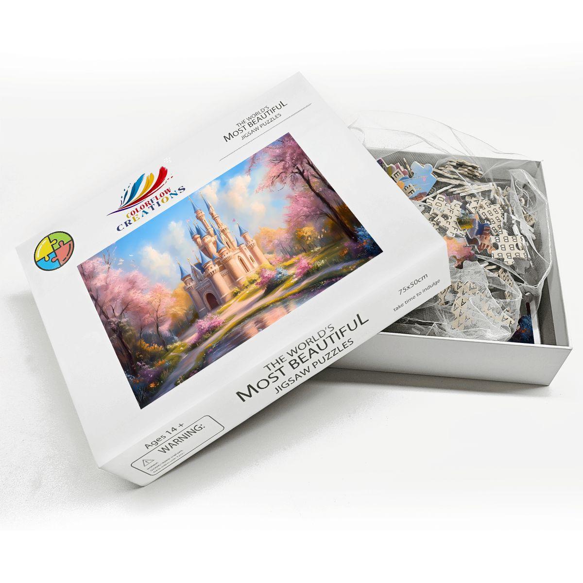Enchanted Castle Jigsaw Puzzle: Dreamy Fantasy Scene, Spring Garden Blossoms