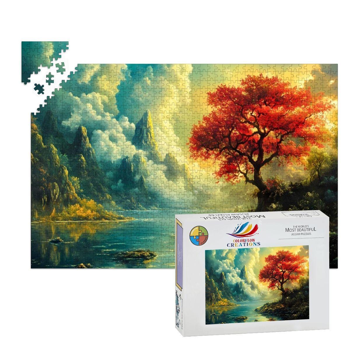 Red Tree Fantasy Landscape Wooden Jigsaw Puzzle -