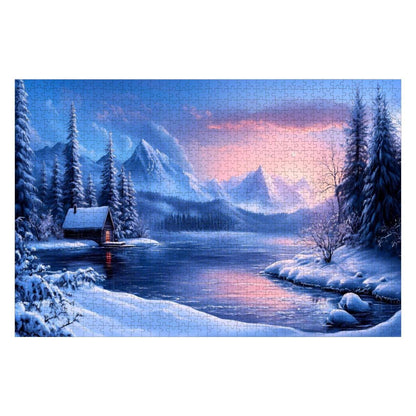 Winter Cabin Wooden Jigsaw Puzzle: Cozy Mountain Lake Sunset Scene