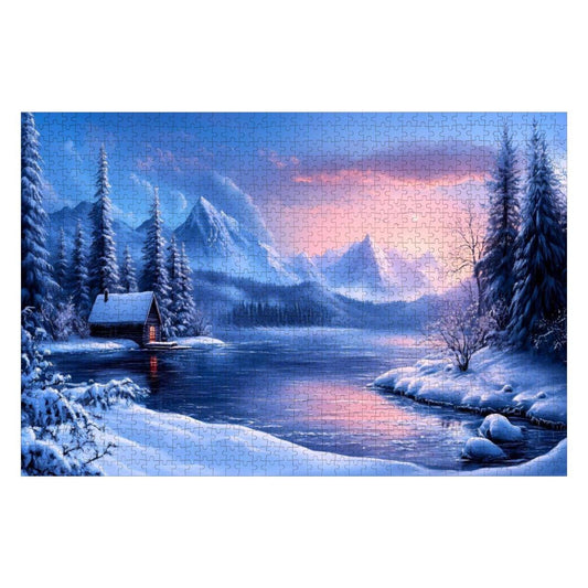 Winter Cabin Wooden Jigsaw Puzzle: Cozy Mountain Lake Sunset Scene